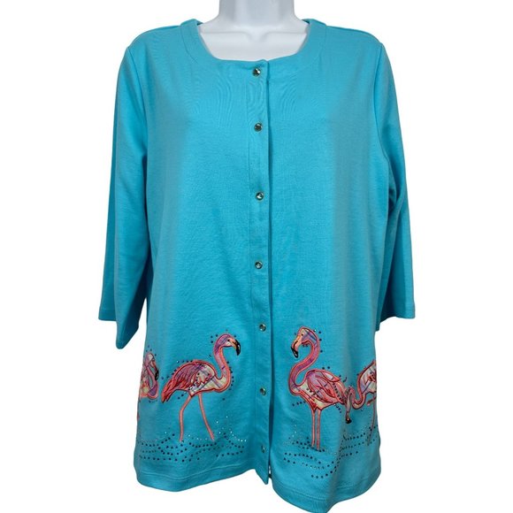 NWT Quaker Factory Medium Top Cardigan Flamingos Blue Button Up 3/4 Sleeve - Picture 1 of 15